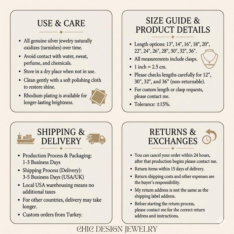 May include: An informational graphic with four sections titled Use & Care, Size Guide & Product Details, Shipping & Delivery, and Returns & Exchanges. The text provides instructions for silver jewelry maintenance, length options from 13 to 36 inches.
