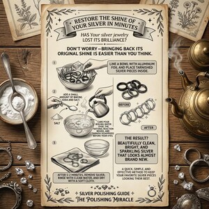 May include: A rectangular instructional poster titled RESTORE THE SHINE OF YOUR SILVER IN MINUTES. It features a three-step guide with illustrations showing how to clean silver jewelry using aluminum foil, baking soda, salt, and boiling water.