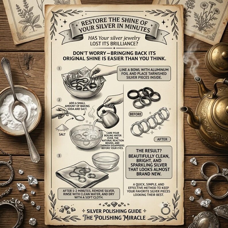 May include: A rectangular instructional poster titled RESTORE THE SHINE OF YOUR SILVER IN MINUTES. It features a three-step guide with illustrations showing how to clean silver jewelry using aluminum foil, baking soda, salt, and boiling water.