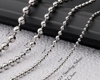 May include: Four silver-toned ball chains of varying thicknesses are displayed side-by-side. The chains are labeled with their respective diameters of 6 mm, 5 mm, 4 mm, and 3 mm. The text 925 Sterling Silver Ball Chain is printed on the lower right.