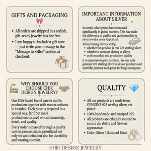 May include: An informational graphic with four sections titled Gifts and Packaging, Important Information About Silver, Why Should You Choose Chic Design Jewelry, and Quality. The text details 925 sterling silver production, craftsmanship, and packaging.