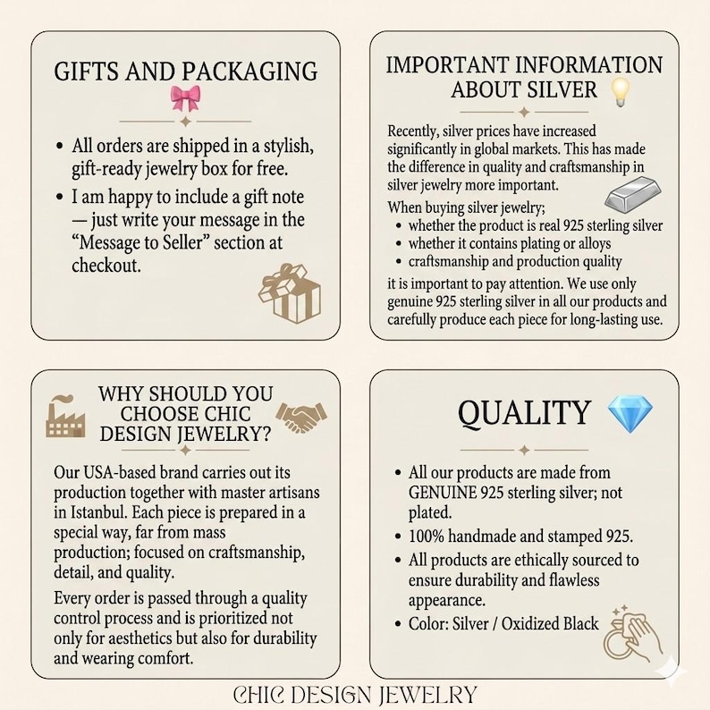 May include: An informational graphic with four sections titled Gifts and Packaging, Important Information About Silver, Why Should You Choose Chic Design Jewelry, and Quality. The text details 925 sterling silver production, craftsmanship, and packaging.