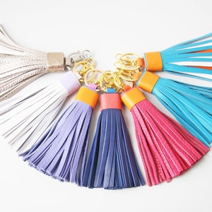 Leather tassel Keychain Bag charm Bridesmaid Gift Pink orange