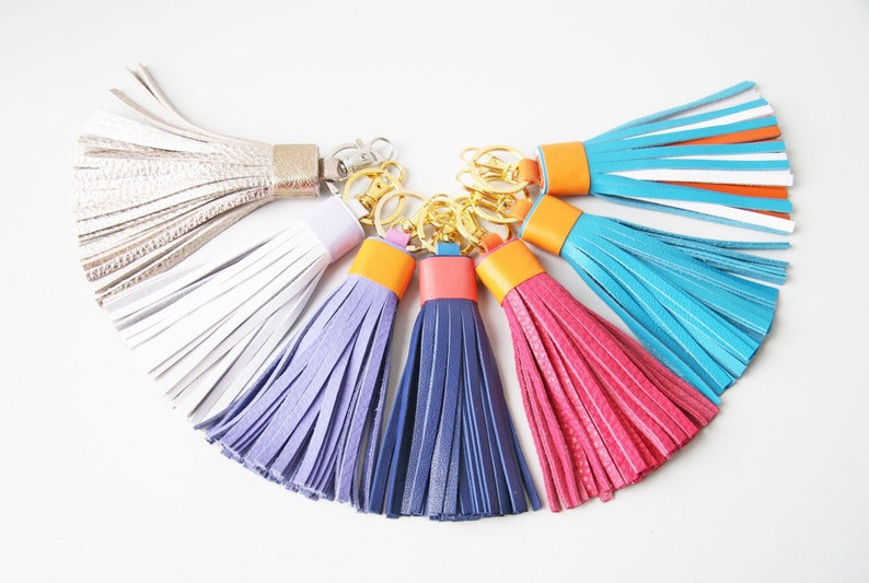 Leather tassel Keychain Bag charm Bridesmaid Gift Pink orange