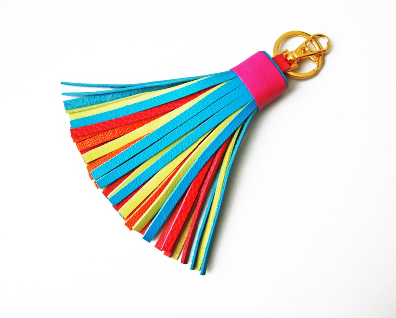 Colorful Leather tassel Fringe Keychain Key chain Bag charm Etsy