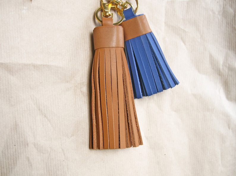 Leather Tassel Purse Bag Charm Leather Tassel Key Chain Anniversary Keychain navy camel 4.7 inch inches