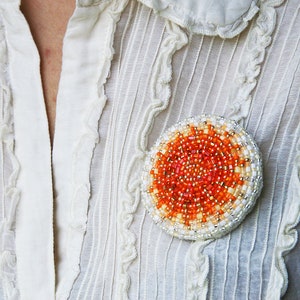 Bead embroidered Red Brooch Bead Embroidered Circle Brooch Red White Beadwork image 5