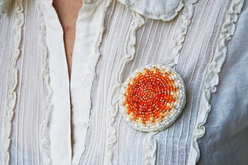 Bead embroidered Red Brooch Bead Embroidered Circle Brooch Red White Beadwork image 5