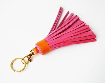 Leather Tassel Pink Keychain with Lobster Clasp and Split ring Bag Charm