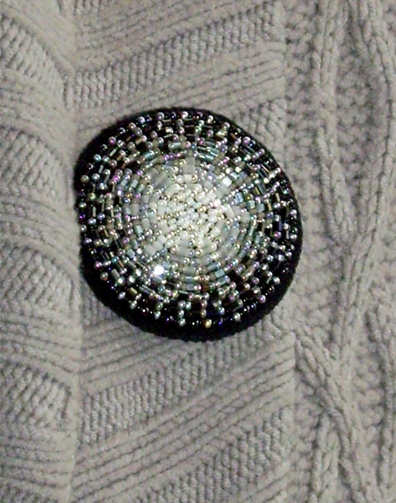 Beaded brooch Black and White Circle Brooch Pin Bead Embroidered Brooch image 3