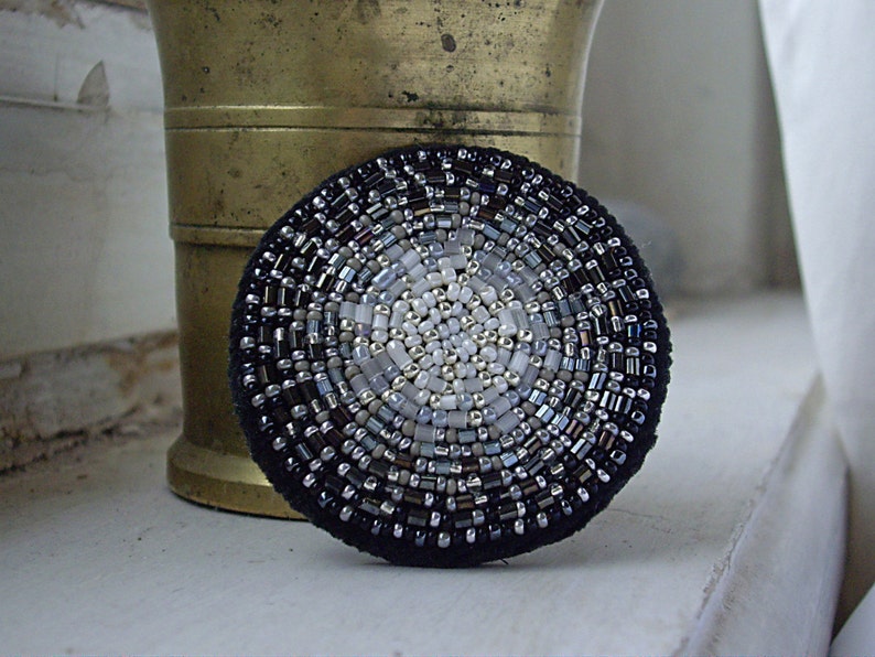 Beaded brooch Black and White Circle Brooch Pin Bead Embroidered Brooch image 1