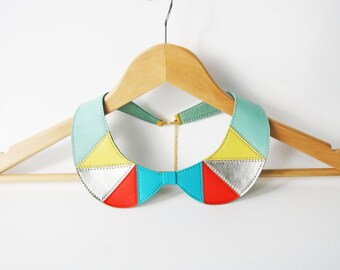 Leather Bib Necklace Yellow, Coral, Silver and Mint Leather Collar Necklace Peter Pan Detachable Collar