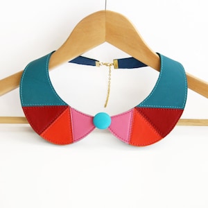 Leather Necklace Bib Necklace Pink Corall Red and Teal Blue Leather Collar Peter Pan Detachable Collar READY TO SHIP