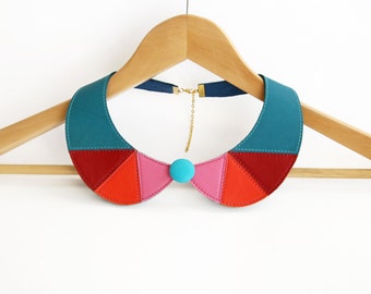 Leather Necklace Bib Necklace Pink Corall Red and Teal Blue Leather Collar Peter Pan Detachable Collar READY TO SHIP