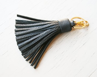 Leather Tassel Key chain Black Leather Tassel Key Fob Bag Purse Tassel Charm