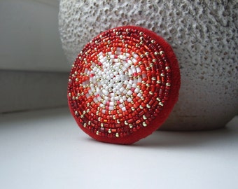 Bead embroidered  Red Brooch Bead Embroidered Circle Brooch Red White Beadwork