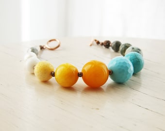 Beaded Bracelet Yellow, Robins Egg Blue, Grey and Ivory Stone Beaded Bracelet Yellow Turquoise Chunky