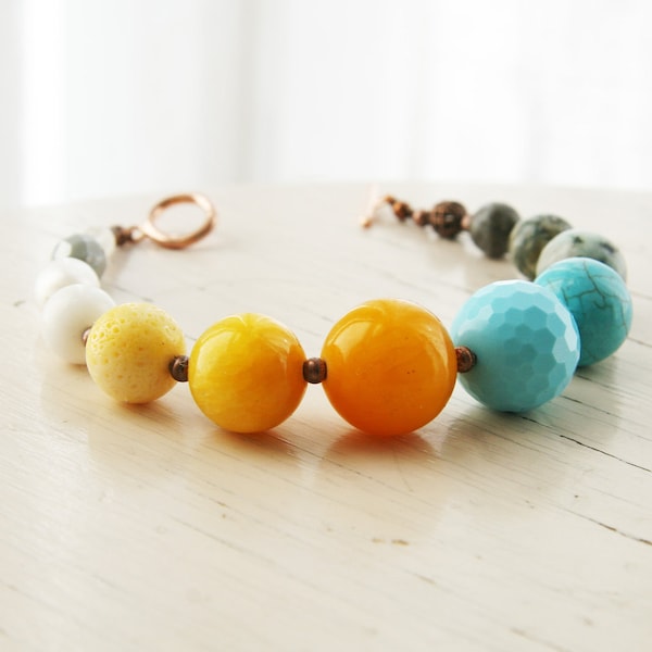 Beaded Bracelet Yellow, Robins Egg Blue, Grey and Ivory Stone Beaded Bracelet Yellow Turquoise Chunky