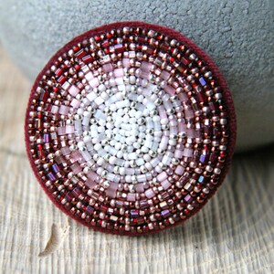 Bead Embroidered Circle Brooch Deep Red Berries Sepia and Cream Mandala Brooch Bead Embroidered image 2
