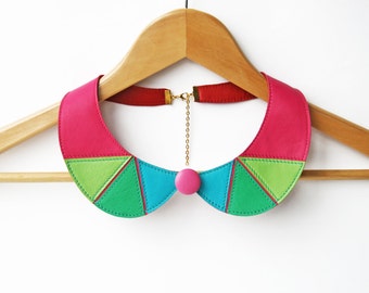 Leather Necklace Peter Pan Detachable  Pink Green Collar Geometric Shapes Leather Jewelry