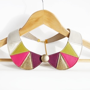 Collier Claudine En Cuir Rose Vert Métallisé Doré Bijoux Géométriques Collier Amovible