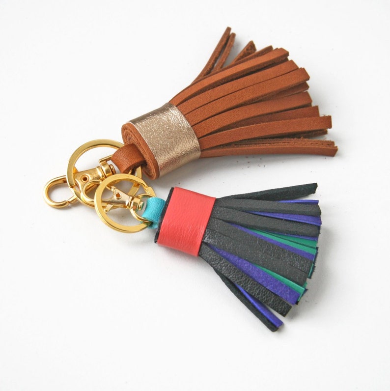 Leather Tassel Purse Bag Charm Leather Tassel Key Chain Anniversary Keychain camel/tan gold 4.7 inches