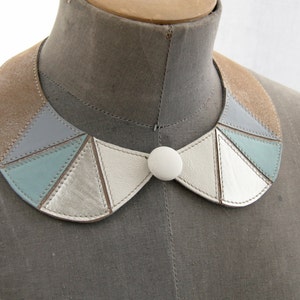 Leather Bib Necklace Mint Light Brown White Metallic Silver Peter Pan Detachable Collar Geometric Shapes Europeanstreetteam Earth Tone image 2