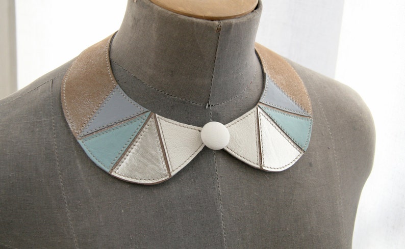 Leather Bib Necklace Mint Light Brown White Metallic Silver Peter Pan Detachable Collar Geometric Shapes Europeanstreetteam Earth Tone image 2