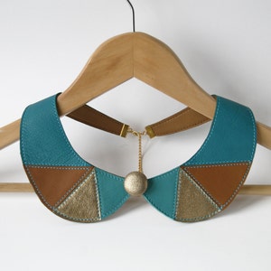 Leather Bib Necklace Peter Pan Detachable Collar Blue Brown Metallic Gold Leather Gifts for Her image 4