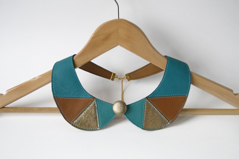 Leather Bib Necklace Peter Pan Detachable Collar Blue Brown Metallic Gold Leather Gifts for Her image 4