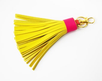 Leather Tassel Keychain Yellow Tassel With Clasp Keyring Bag Charm Keychain Clip Gifts for Her