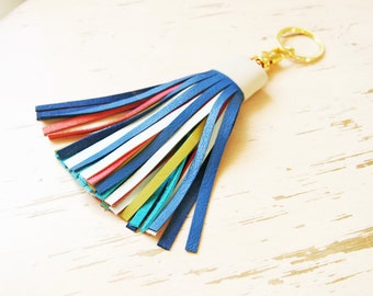 Multicolor Leather Tassel with Lobster Clasp and Split ring Bag Charm