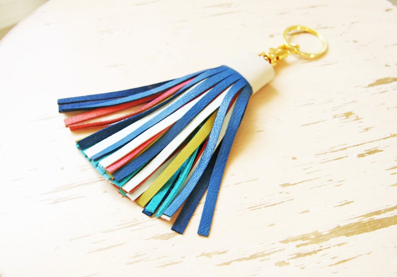 Multicolor Leather Tassel with Lobster Clasp and Split ring Bag Charm image 1