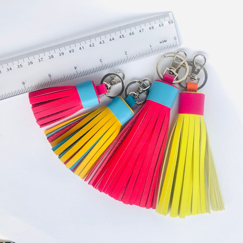 Multicolor Leather Tassel with Lobster Clasp and Split ring Bag Charm image 3