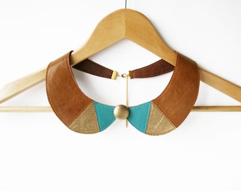 Leather Bib Necklace Brown Turquoise Leather Collar Necklace Peter Pan Detachable Collar Metallic Triangles Geometric