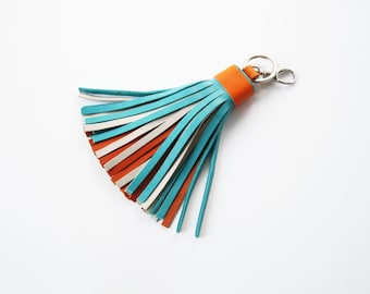 Leather Tassel Key Chain Turquoise Orange Bag Charm Multicolor Tassel