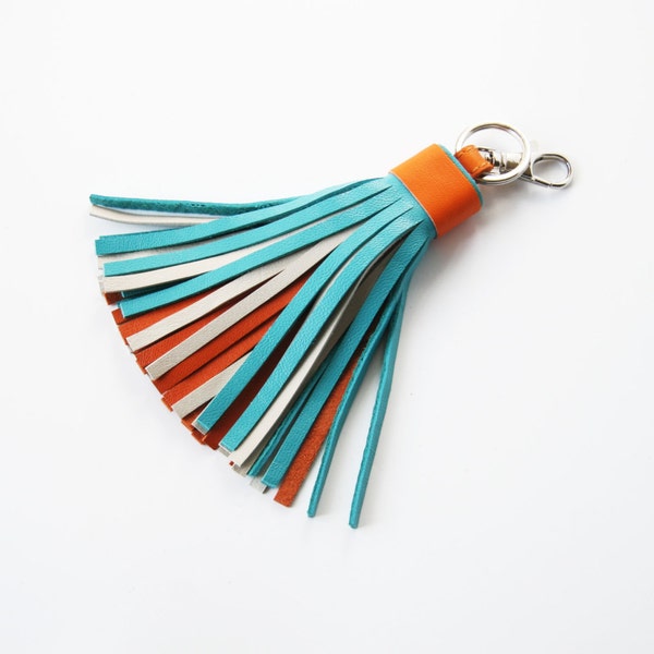 Leather Tassel Key Chain Turquoise Orange Bag Charm Multicolor Tassel