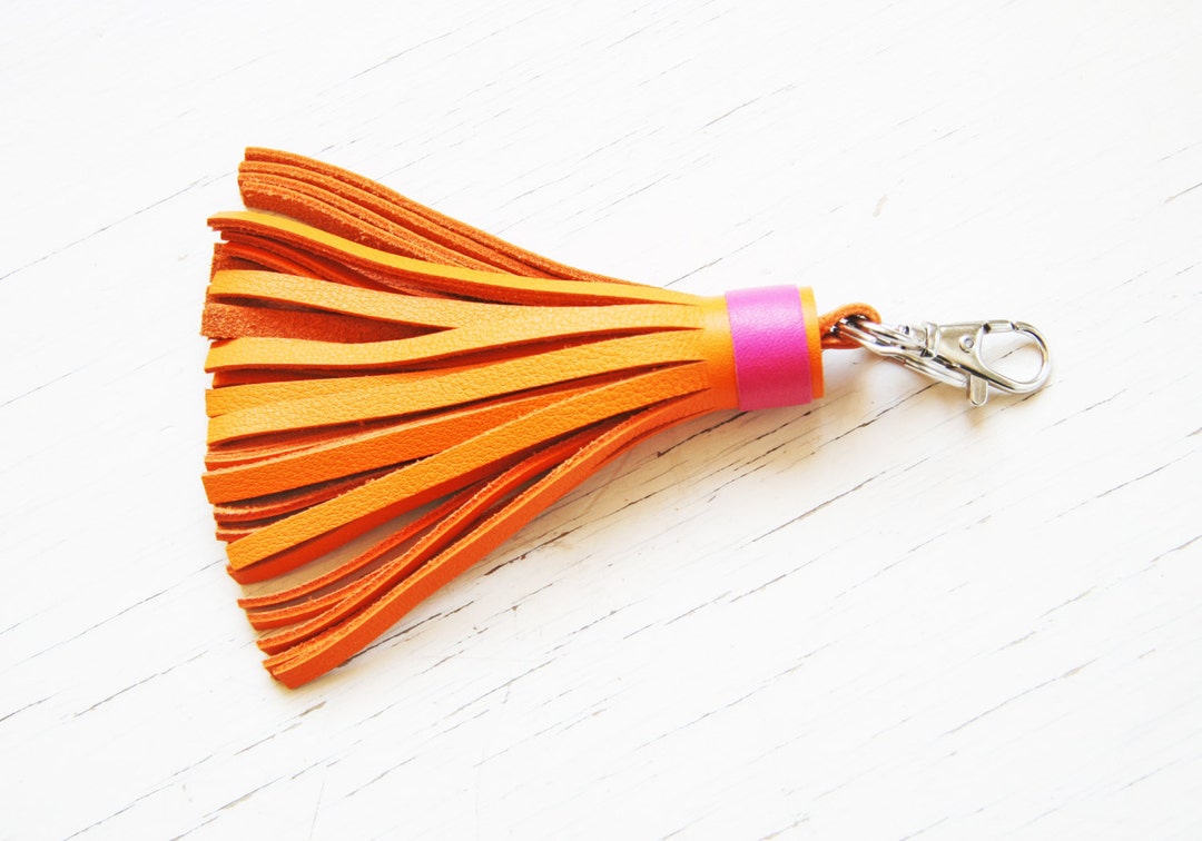 Orange Leather Tassel Keychain Tassel Key Ring With Clasp Keyring Bag