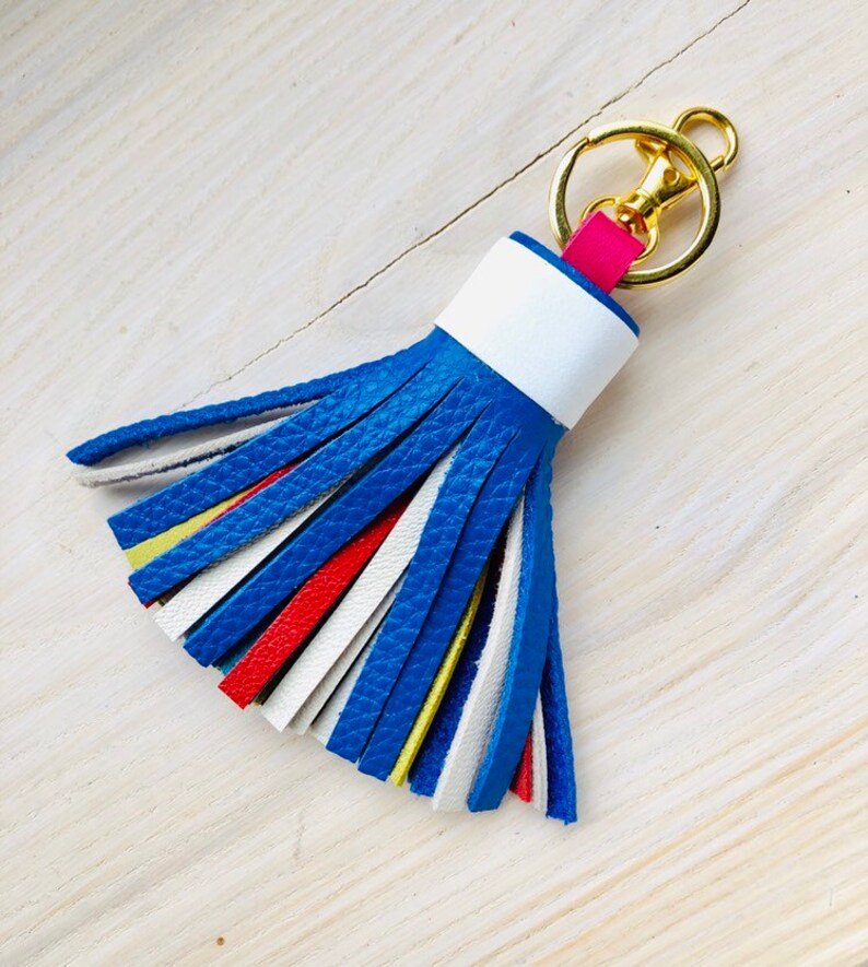 Multicolor Leather Tassel with Lobster Clasp and Split ring Bag Charm 3.5 Inches