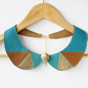 Leather Bib Necklace Peter Pan Detachable Collar Blue Brown Metallic Gold Leather Gifts for Her image 1