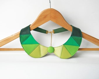 Green Leather Collar Bib Necklace Statement Leather Necklace Geometric Peter Pan Collar