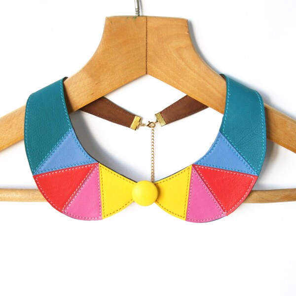 Leather Collar Necklace Colorful Necklace Yellow, Pink, Corall and Teal Blue Peter Pan Detachable Collar Neon Necklace