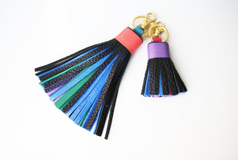 Multicolor Leather Tassel with Lobster Clasp and Split ring Bag Charm image 10