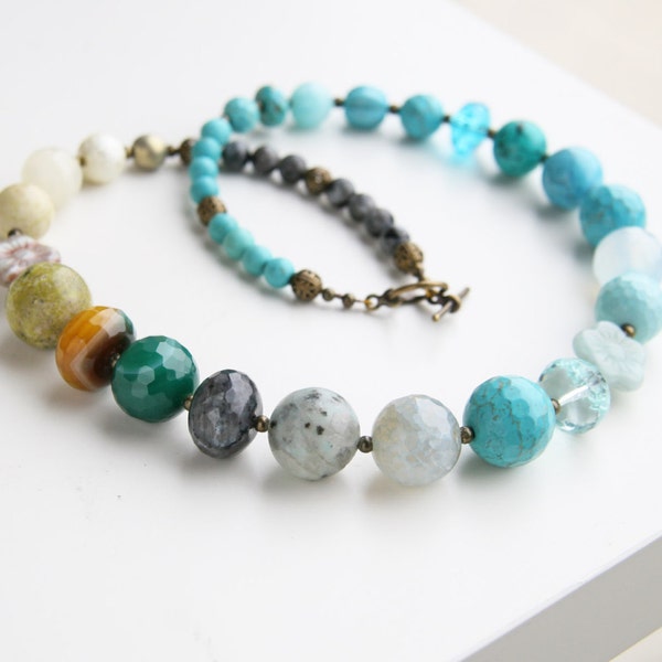 Semi Precious Stone Necklace Turquoise Aqua Blue Green Grey and Clear Statement Necklace Earth Tone