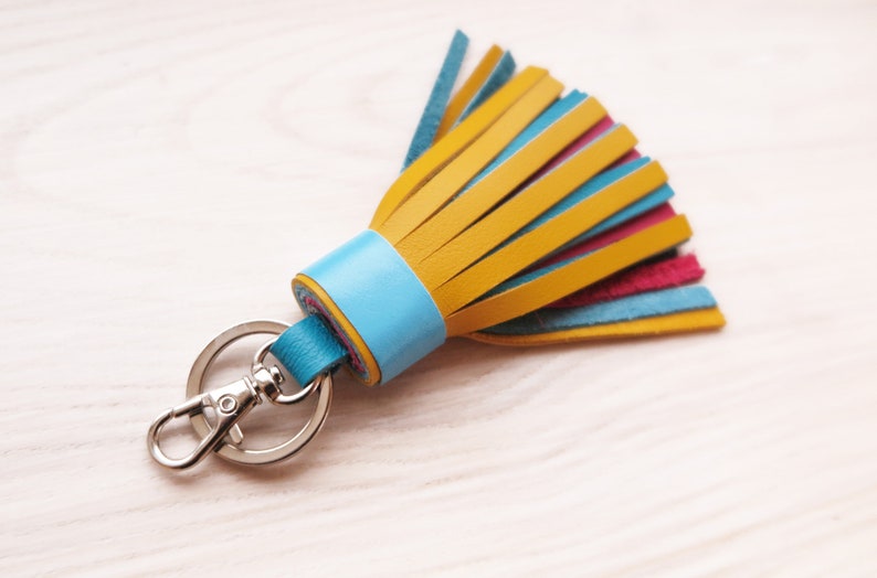 Multicolor Leather Tassel with Lobster Clasp and Split ring Bag Charm image 9
