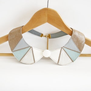 Leather Bib Necklace Mint Light Brown White Metallic Silver Peter Pan Detachable Collar Geometric Shapes Europeanstreetteam Earth Tone image 1