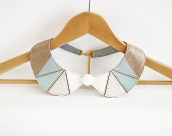 Leather Bib Necklace Mint Light Brown White Metallic Silver Peter Pan Detachable Collar Geometric Shapes Europeanstreetteam Earth Tone