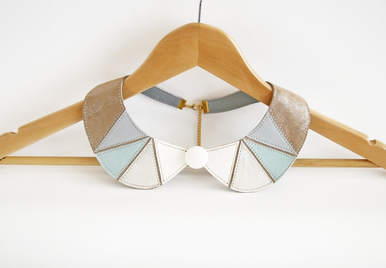 Leather Bib Necklace Mint Light Brown White Metallic Silver Peter Pan Detachable Collar Geometric Shapes Europeanstreetteam Earth Tone image 1