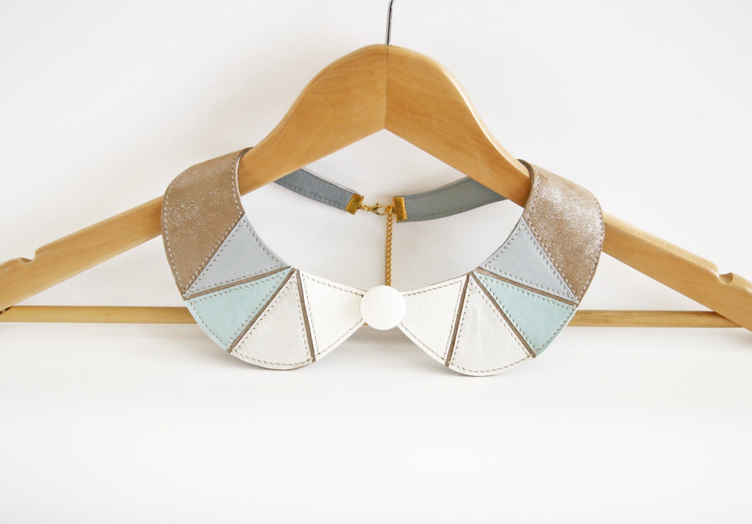 Leather Bib Necklace Mint Light Brown White Metallic Silver Peter Pan Detachable Collar Geometric Shapes Europeanstreetteam Earth Tone