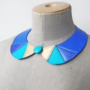 Leather Necklace Peter Pan Collar Blue Leather Collar Bib Necklace Statement Leather Necklace Geometric Triangles Necklace READY TO SHIP
